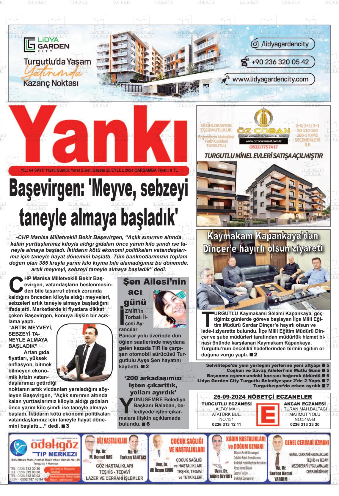 25 Eylül 2024 Turgutlu Yankı Gazete Manşeti