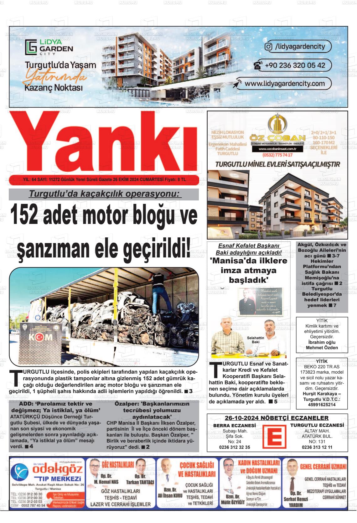 26 Ekim 2024 Turgutlu Yankı Gazete Manşeti