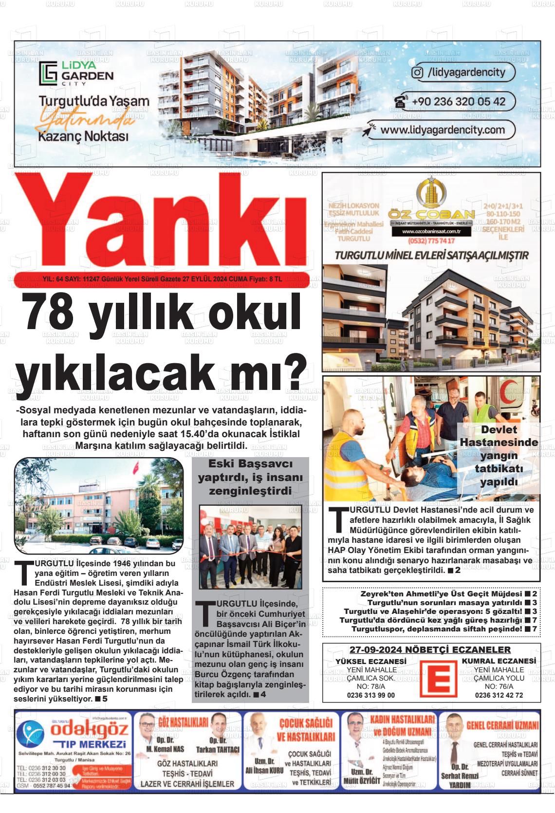 27 Eylül 2024 Turgutlu Yankı Gazete Manşeti