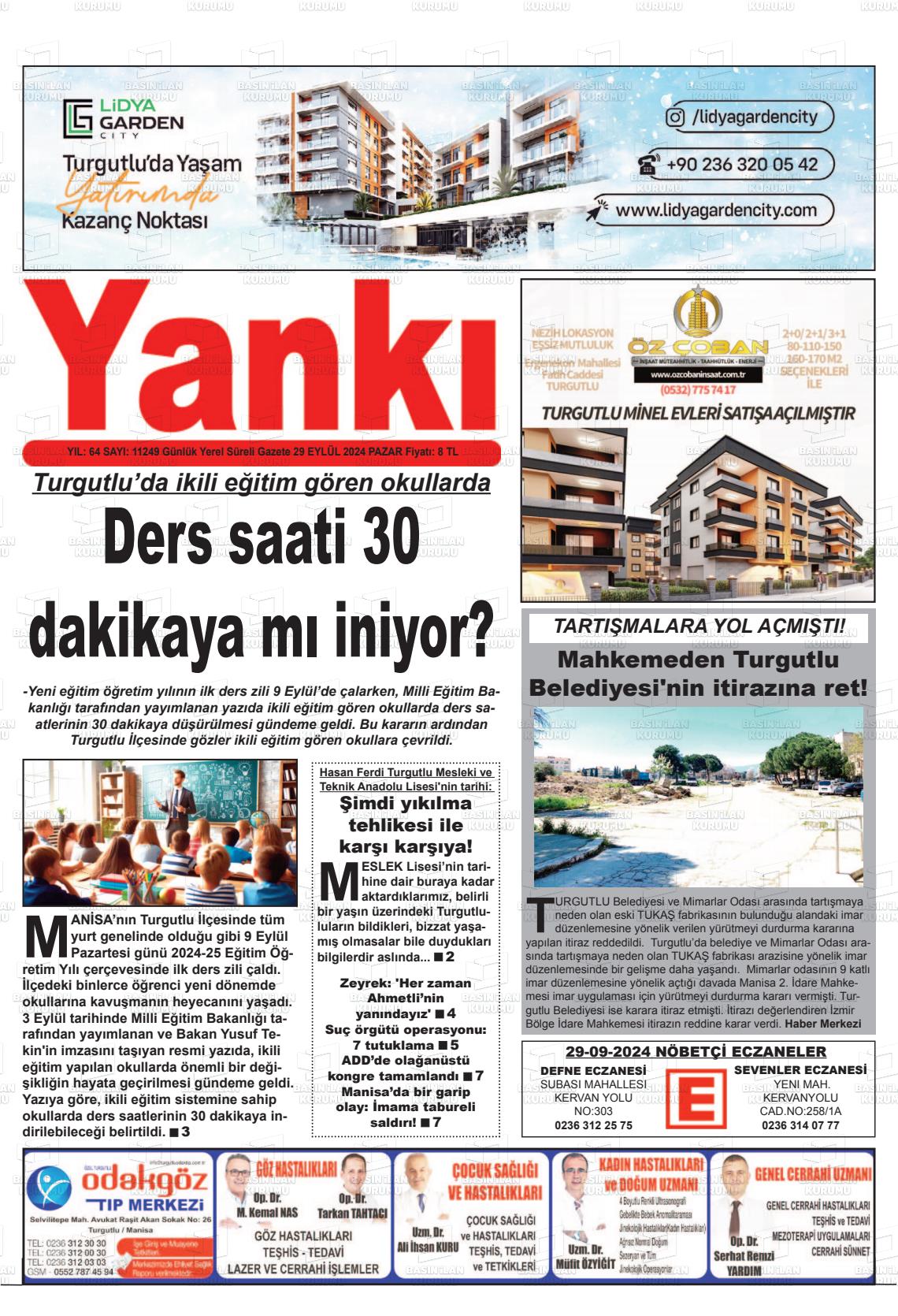 29 Eylül 2024 Turgutlu Yankı Gazete Manşeti