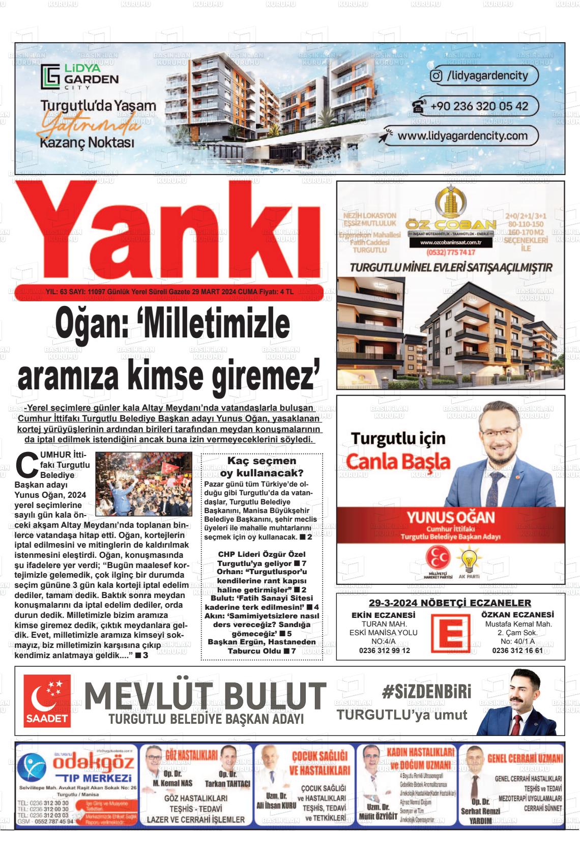 29 Mart 2024 Turgutlu Yankı Gazete Manşeti