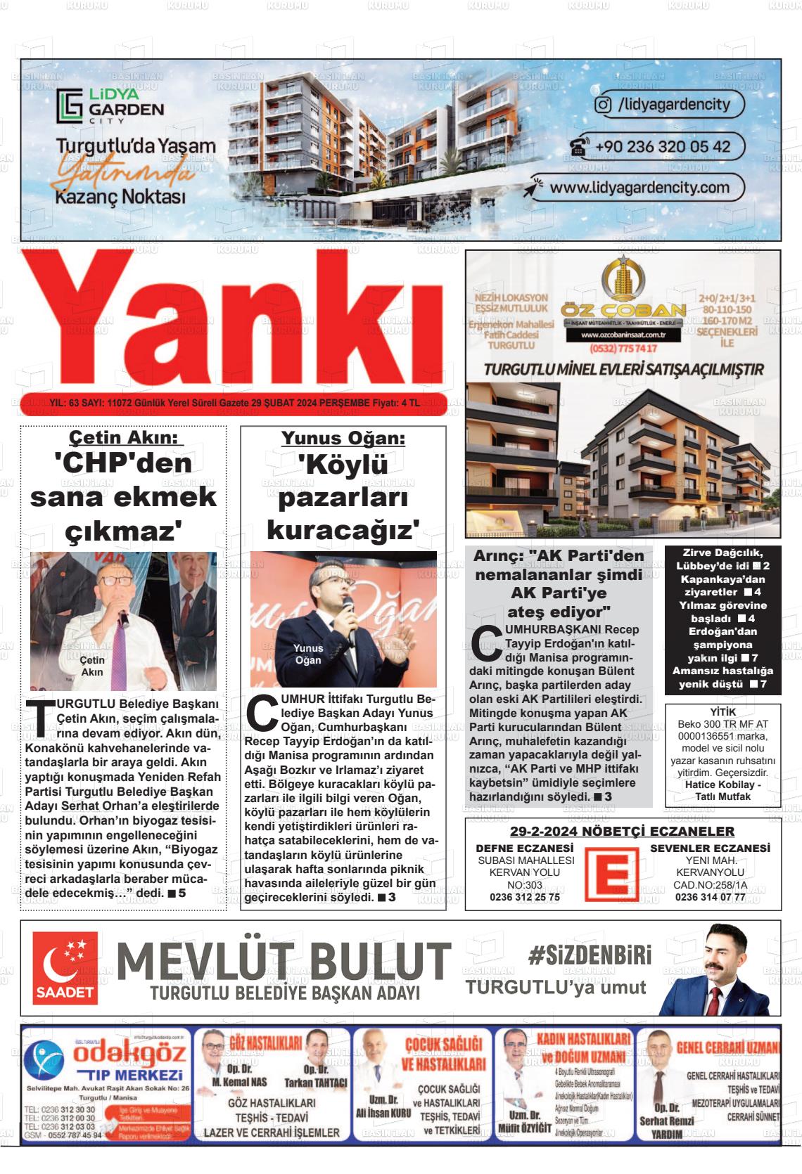 29 Şubat 2024 Turgutlu Yankı Gazete Manşeti