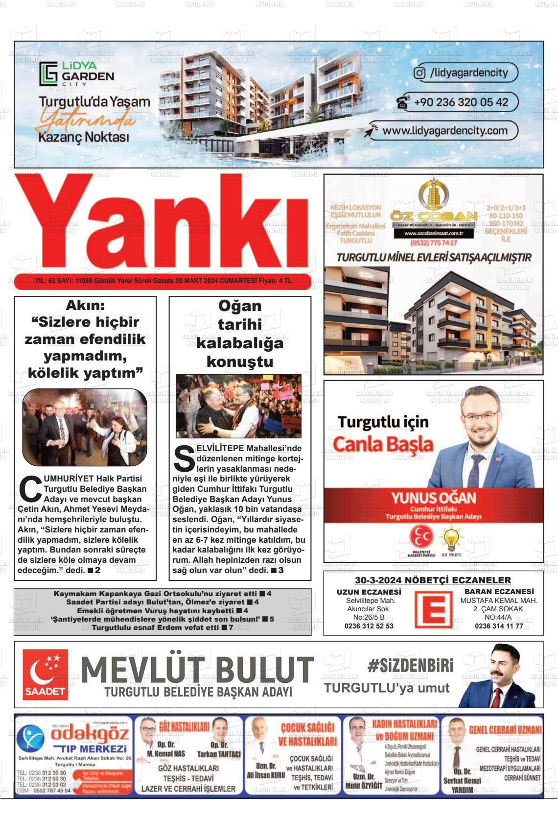 30 Mart 2024 Turgutlu Yankı Gazete Manşeti