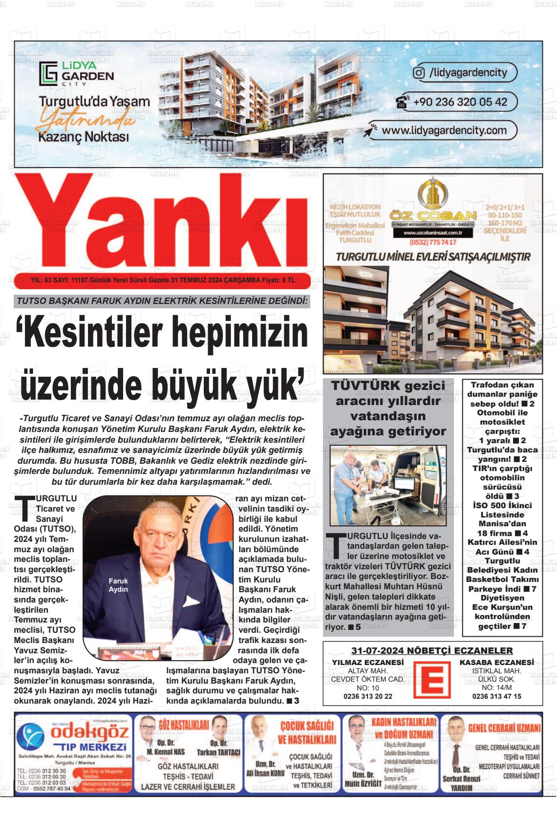 31 Temmuz 2024 Turgutlu Yankı Gazete Manşeti