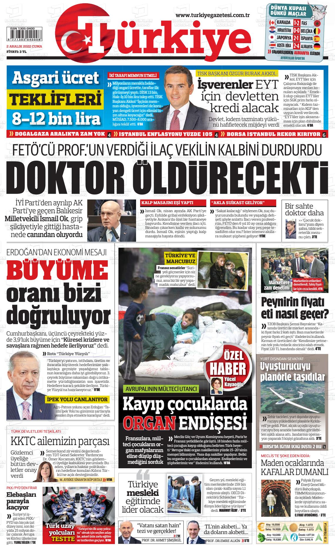 02 Aralık 2022 Türkiye Gazete Manşeti