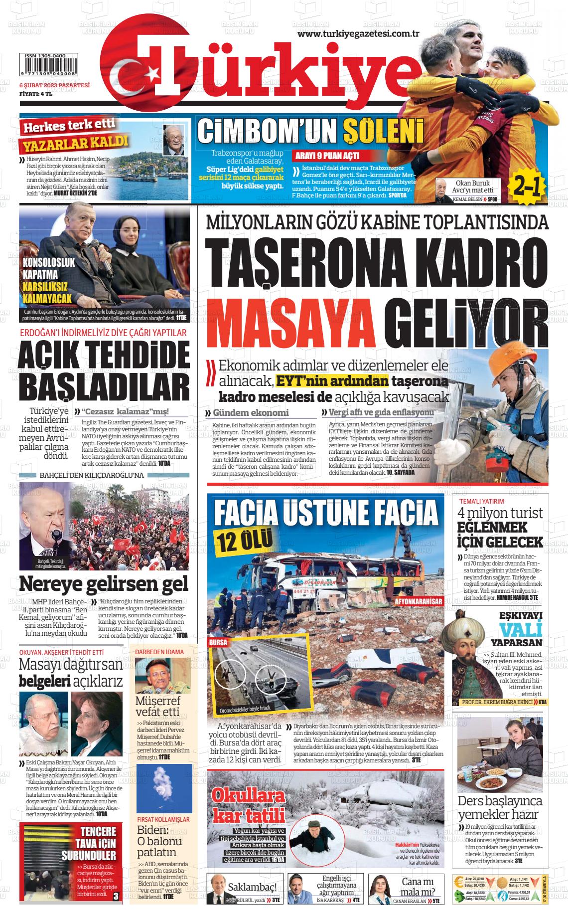 06 Şubat 2023 Türkiye Gazete Manşeti