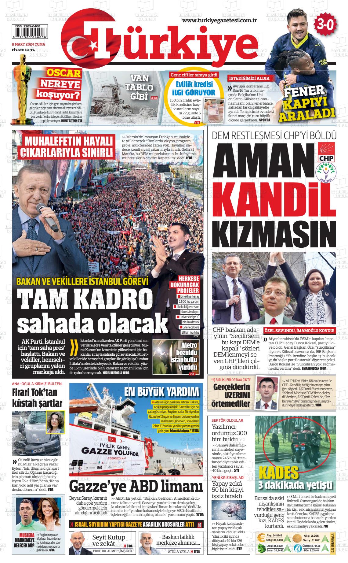 08 Mart 2024 Türkiye Gazete Manşeti