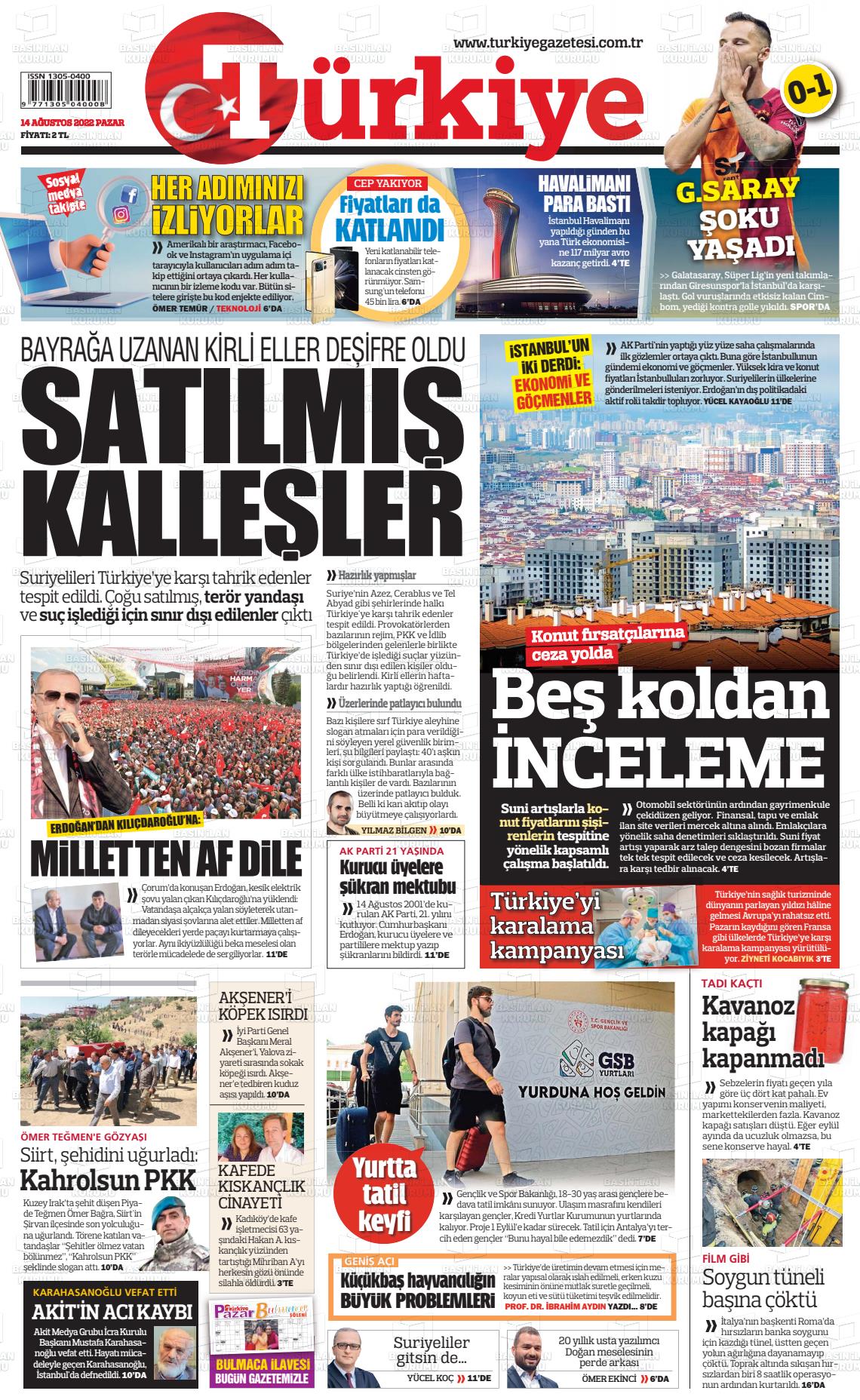 14 Ağustos 2022 Türkiye Gazete Manşeti