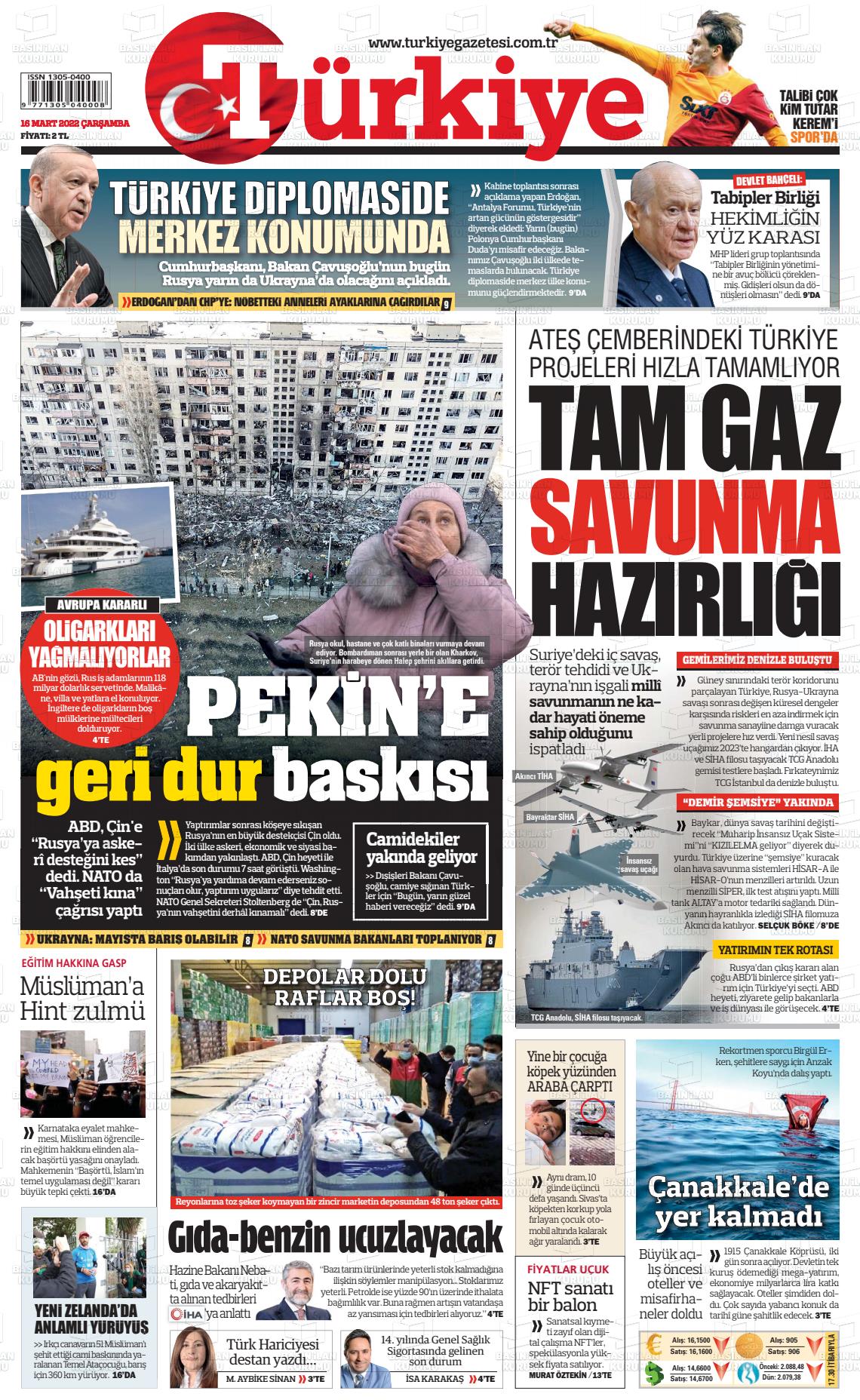 16 Mart 2022 Türkiye Gazete Manşeti