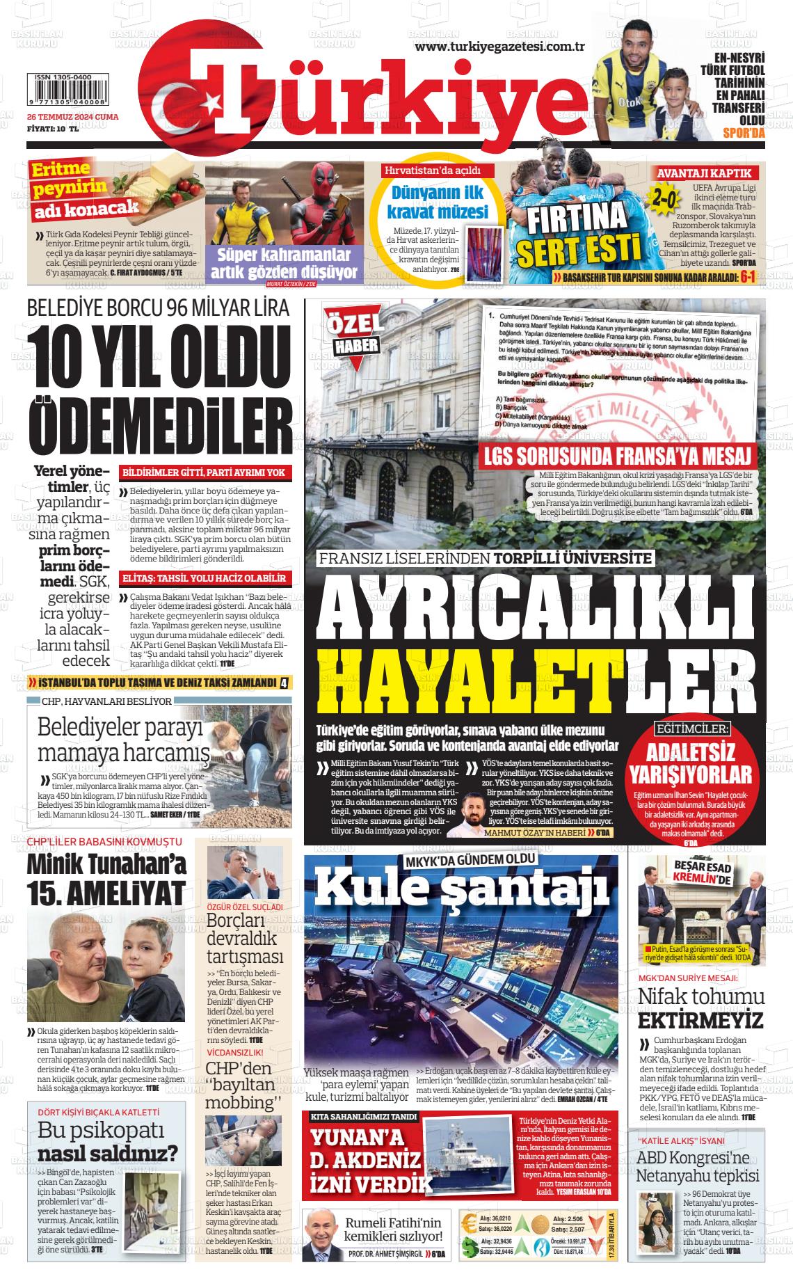 27 Temmuz 2024 Türkiye Gazete Manşeti