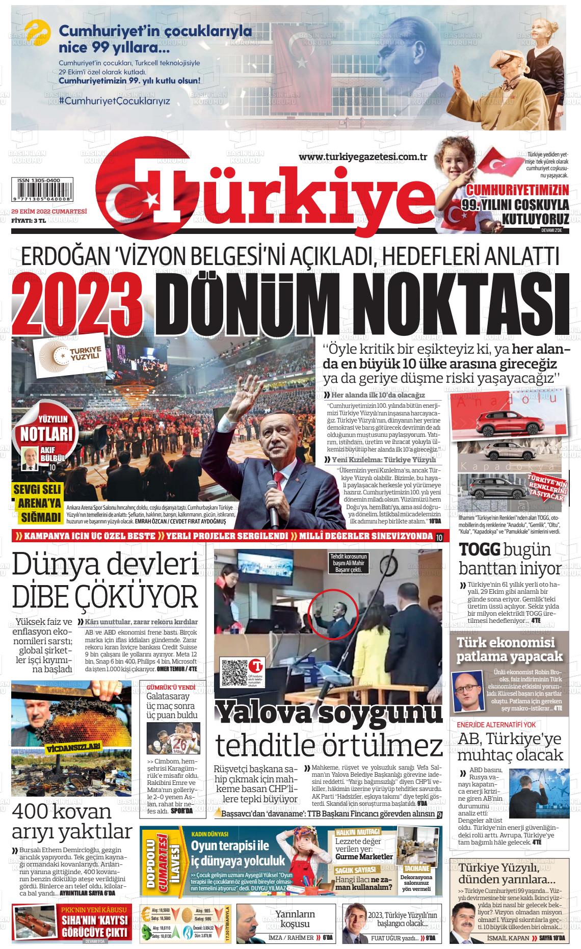 29 Ekim 2022 Türkiye Gazete Manşeti