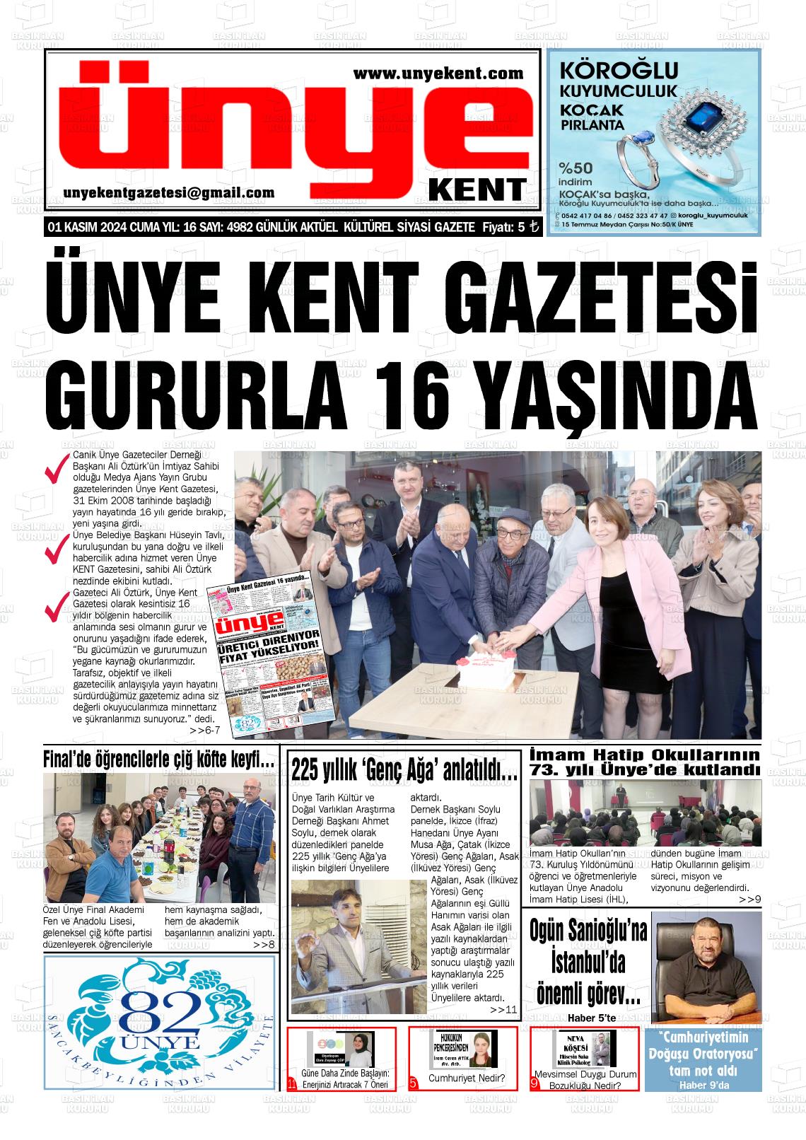 01 Kasım 2024 Ünye Kent Gazete Manşeti