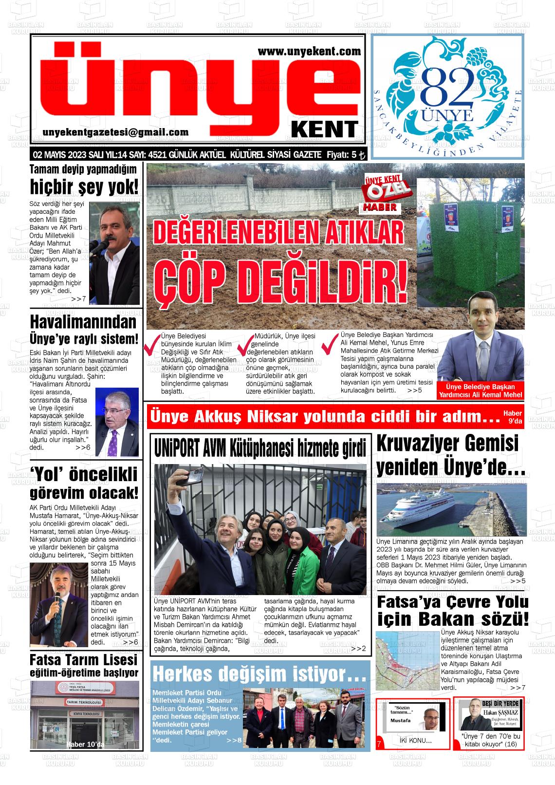 02 Mayıs 2023 Ünye Kent Gazete Manşeti