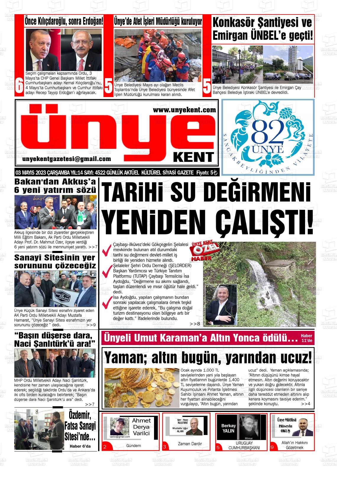 03 Mayıs 2023 Ünye Kent Gazete Manşeti