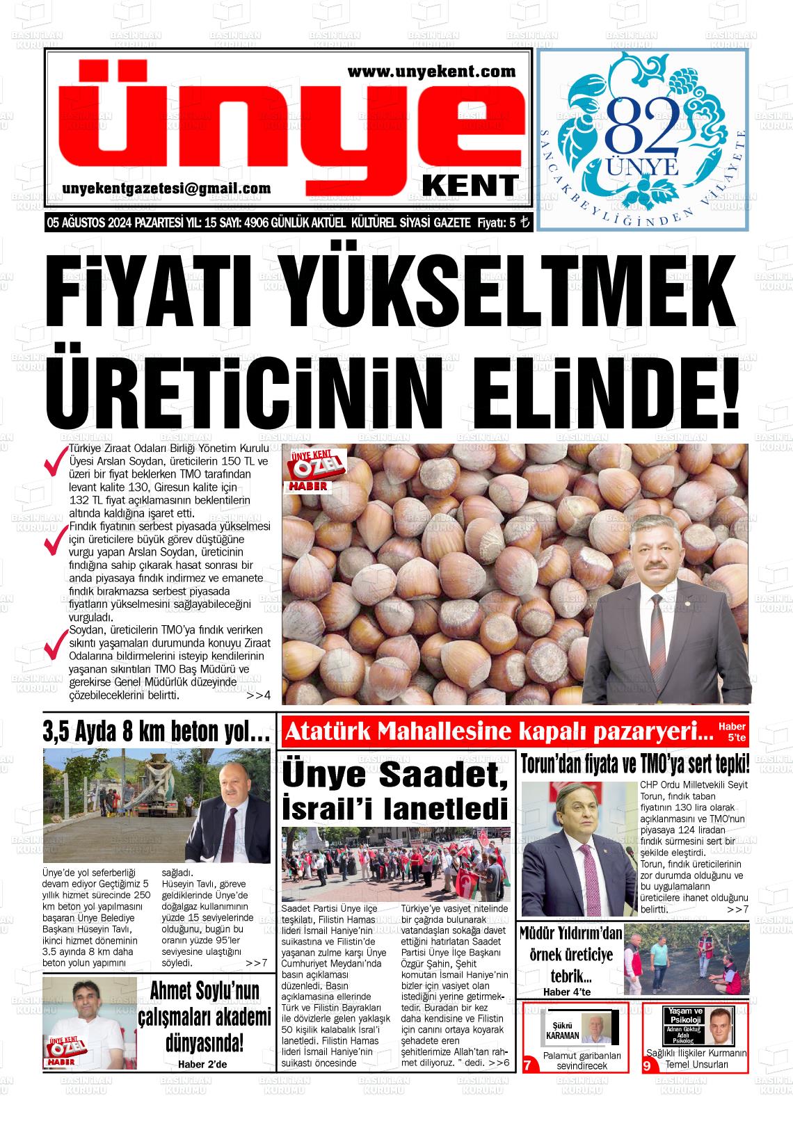 05 Ağustos 2024 Ünye Kent Gazete Manşeti