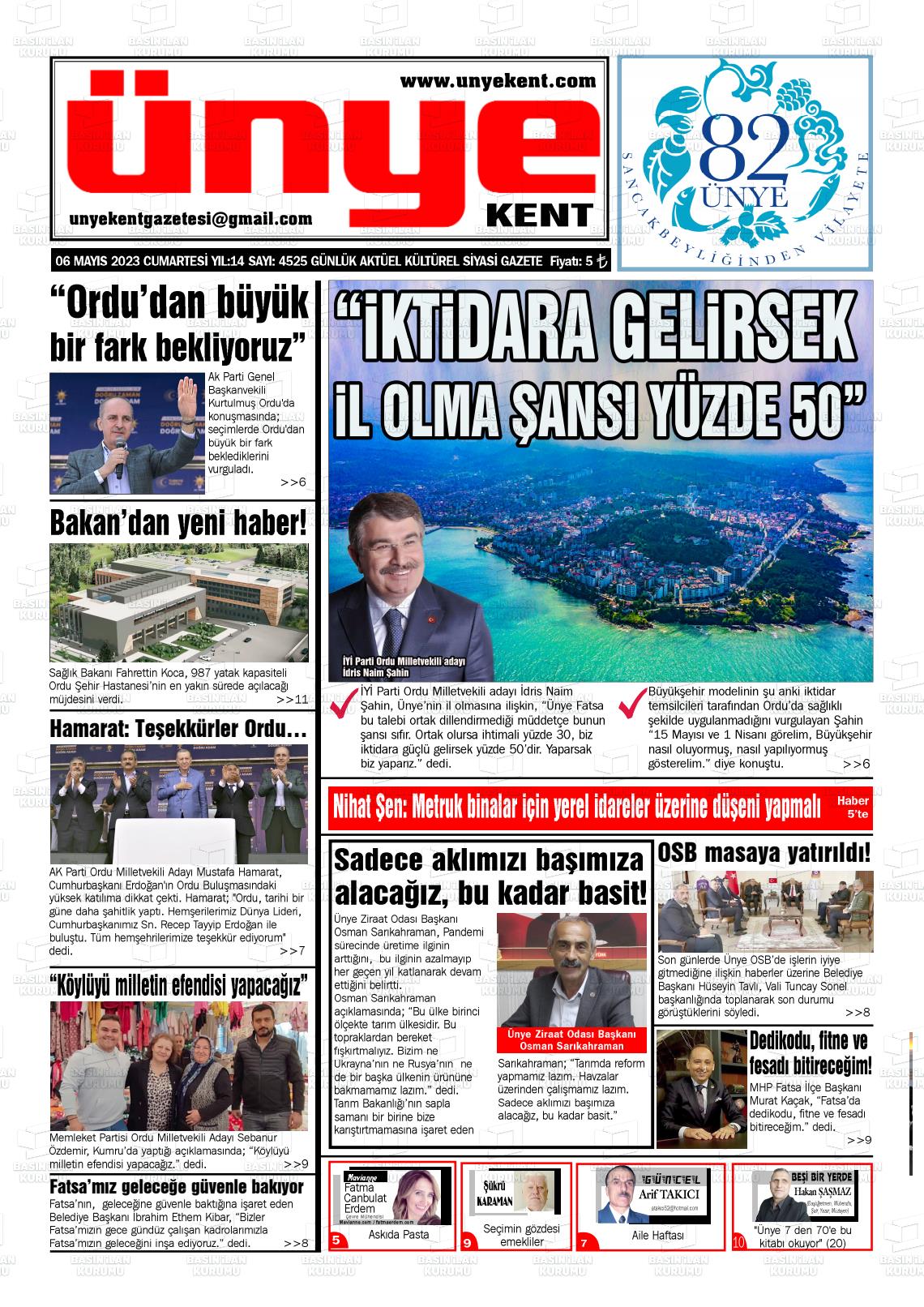 06 Mayıs 2023 Ünye Kent Gazete Manşeti