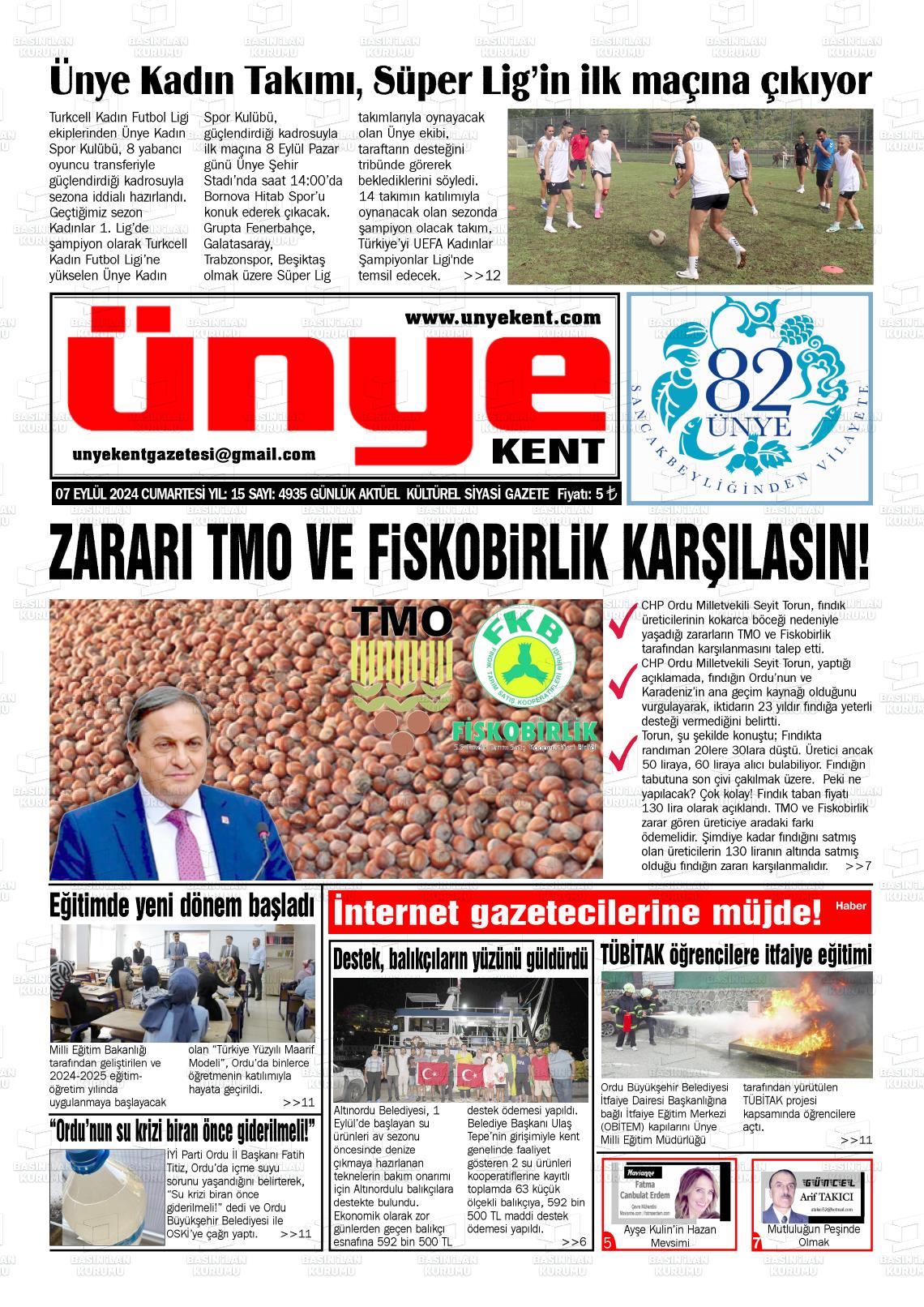 07 Eylül 2024 Ünye Kent Gazete Manşeti