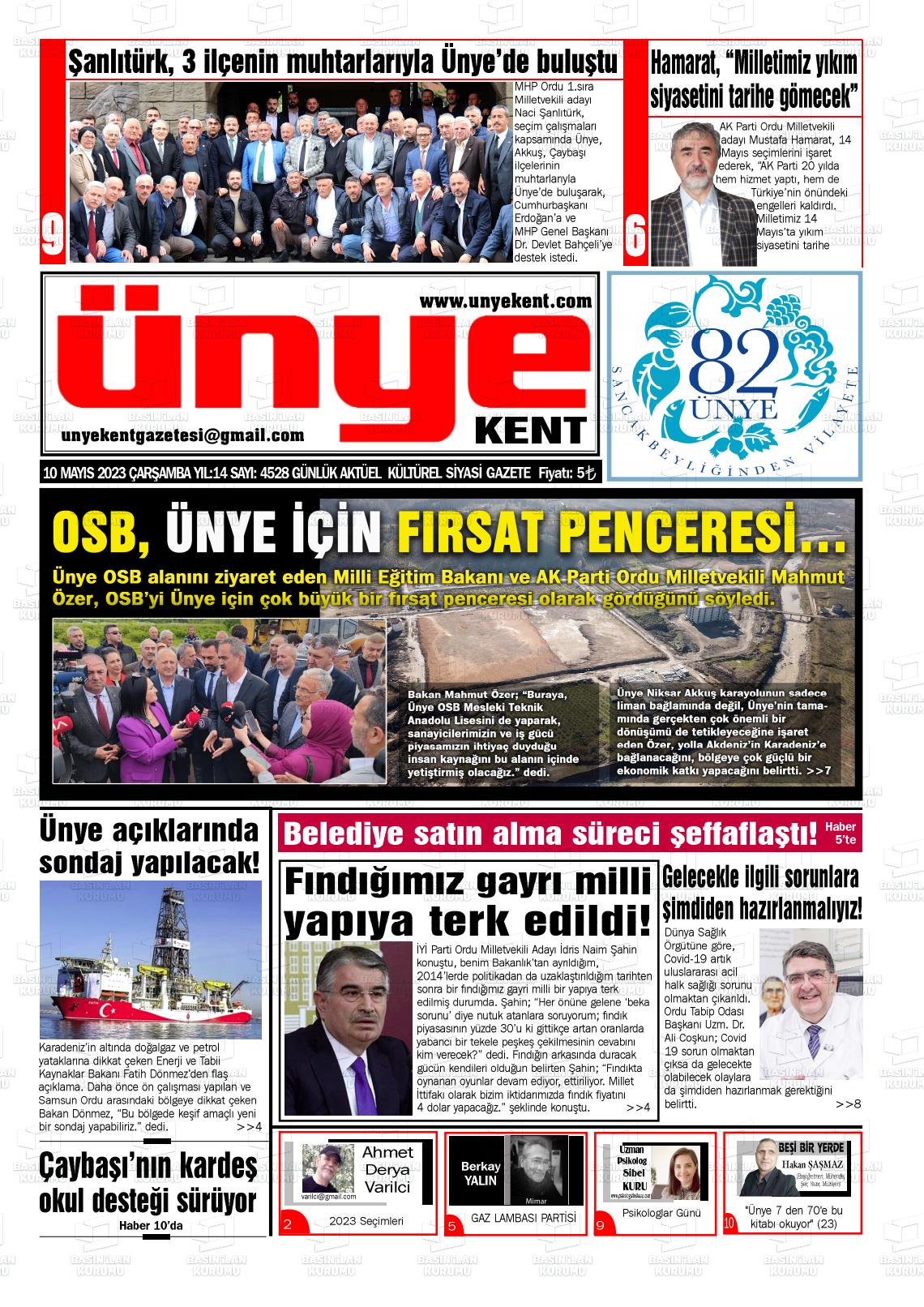 10 Mayıs 2023 Ünye Kent Gazete Manşeti