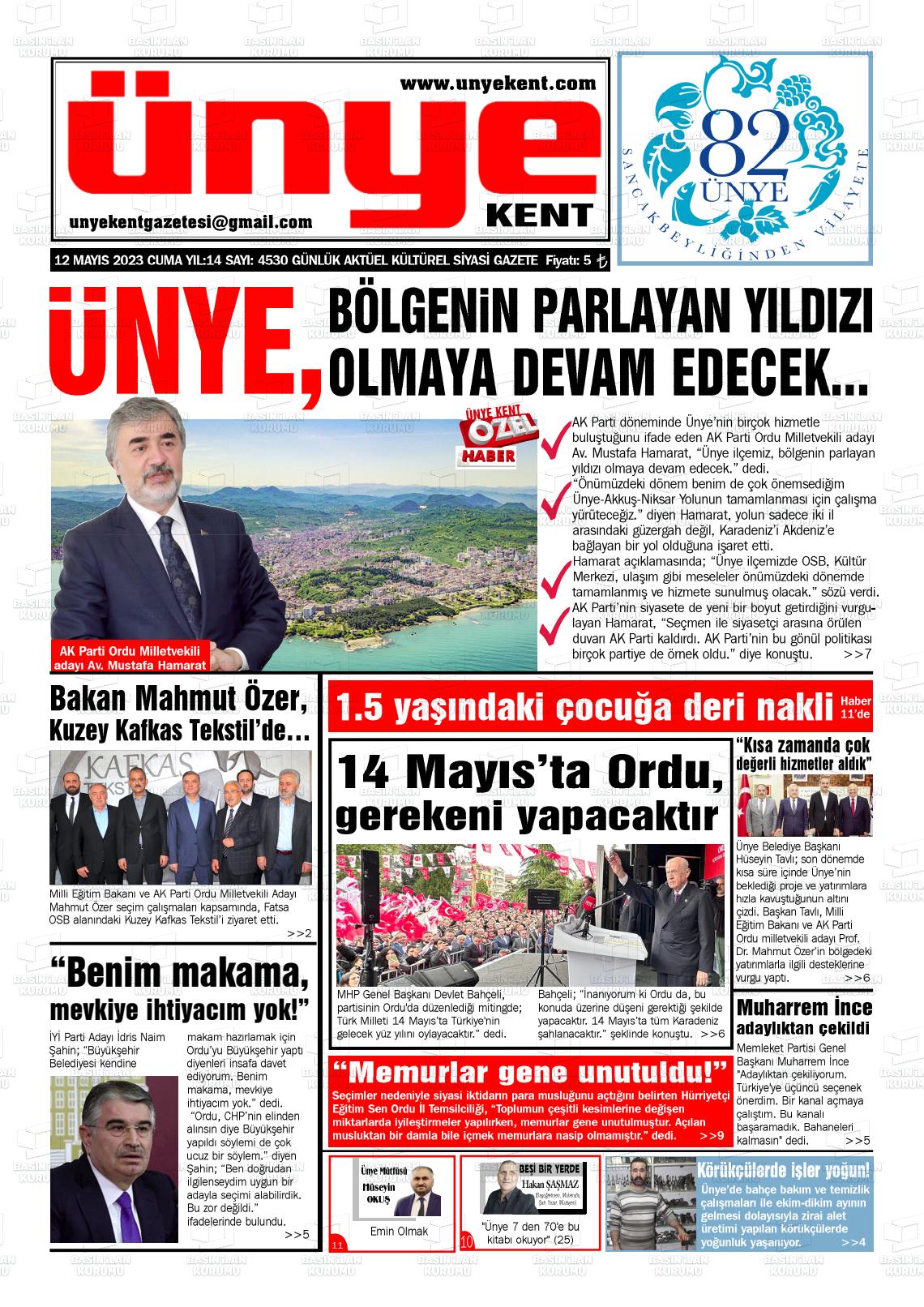 12 Mayıs 2023 Ünye Kent Gazete Manşeti