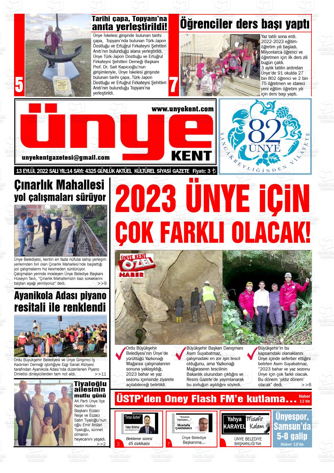 13 Eylül 2022 Ünye Kent Gazete Manşeti