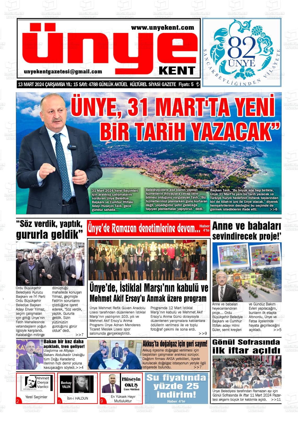 13 Mart 2024 Ünye Kent Gazete Manşeti