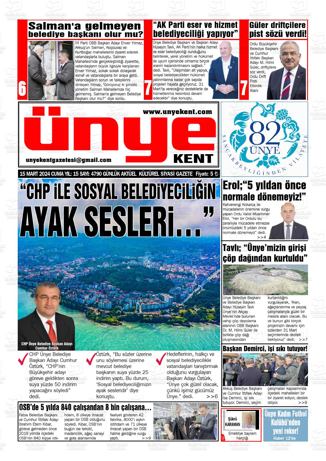 15 Mart 2024 Ünye Kent Gazete Manşeti