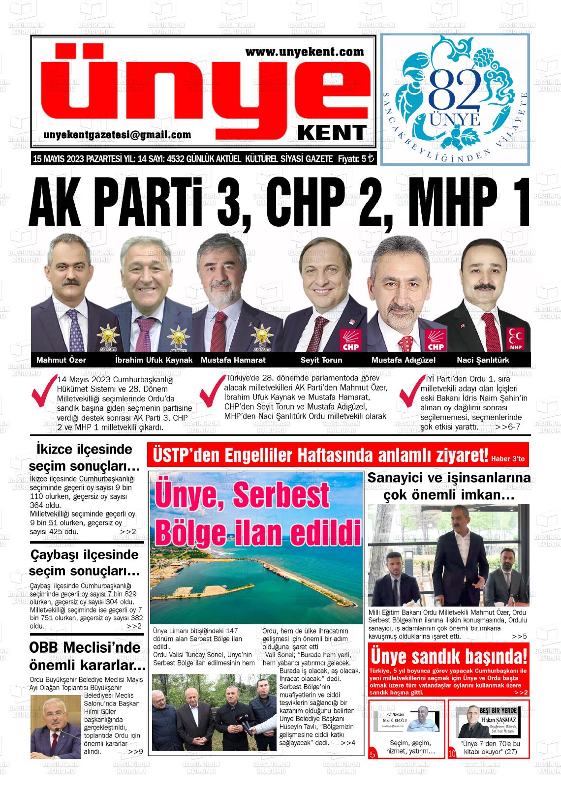 15 Mayıs 2023 Ünye Kent Gazete Manşeti