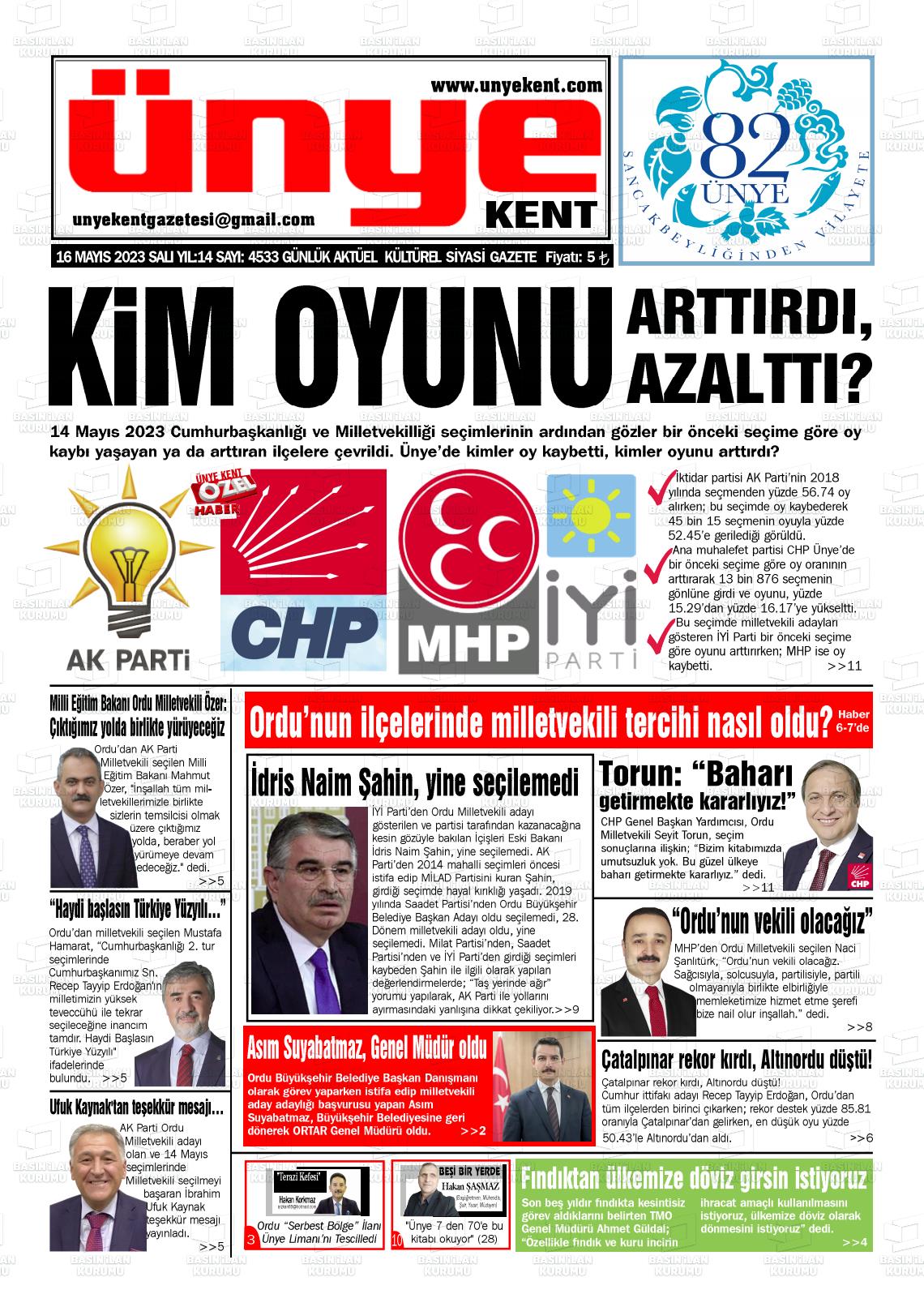 16 Mayıs 2023 Ünye Kent Gazete Manşeti