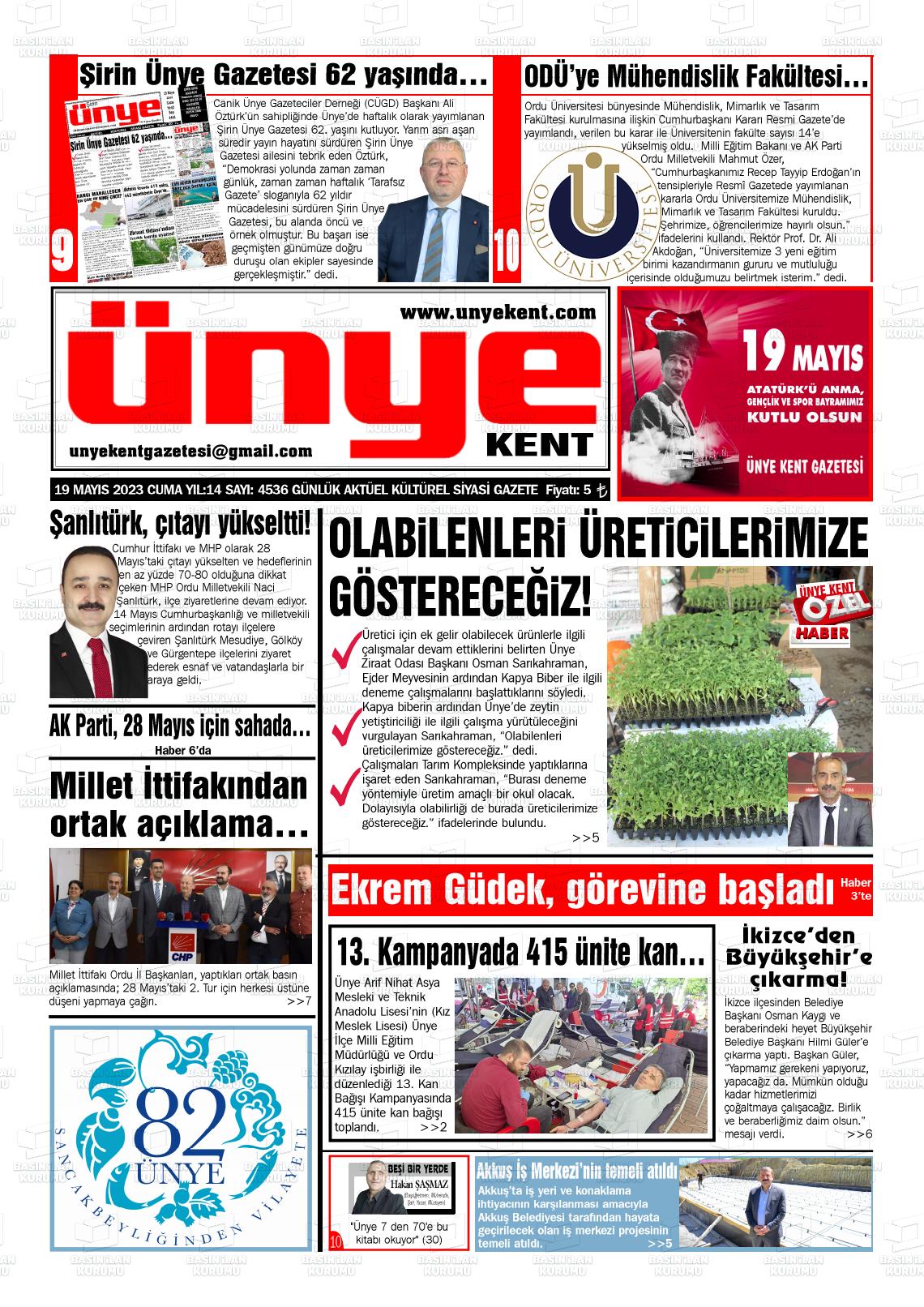 19 Mayıs 2023 Ünye Kent Gazete Manşeti