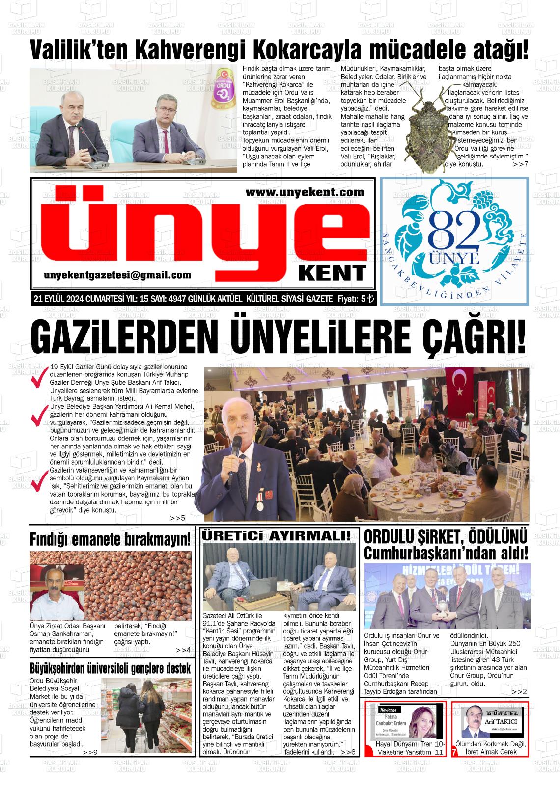 21 Eylül 2024 Ünye Kent Gazete Manşeti