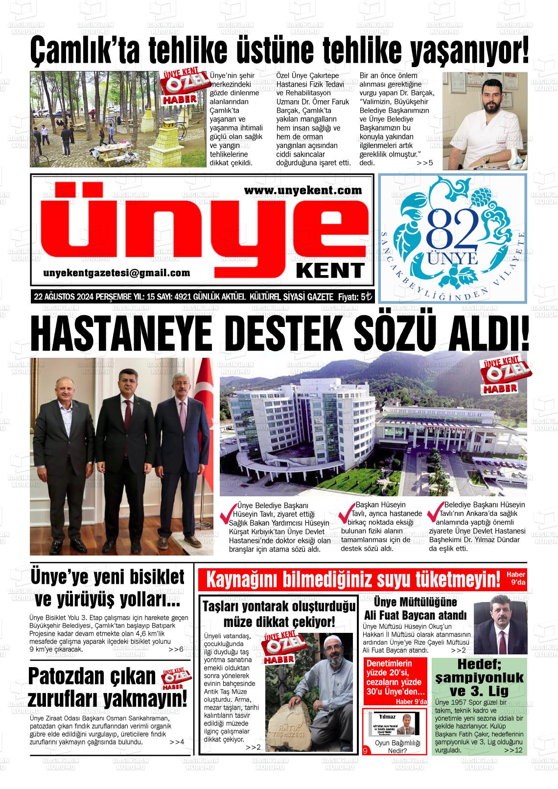 22 Ağustos 2024 Ünye Kent Gazete Manşeti