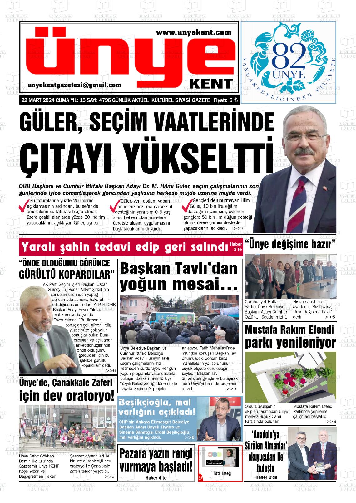 22 Mart 2024 Ünye Kent Gazete Manşeti