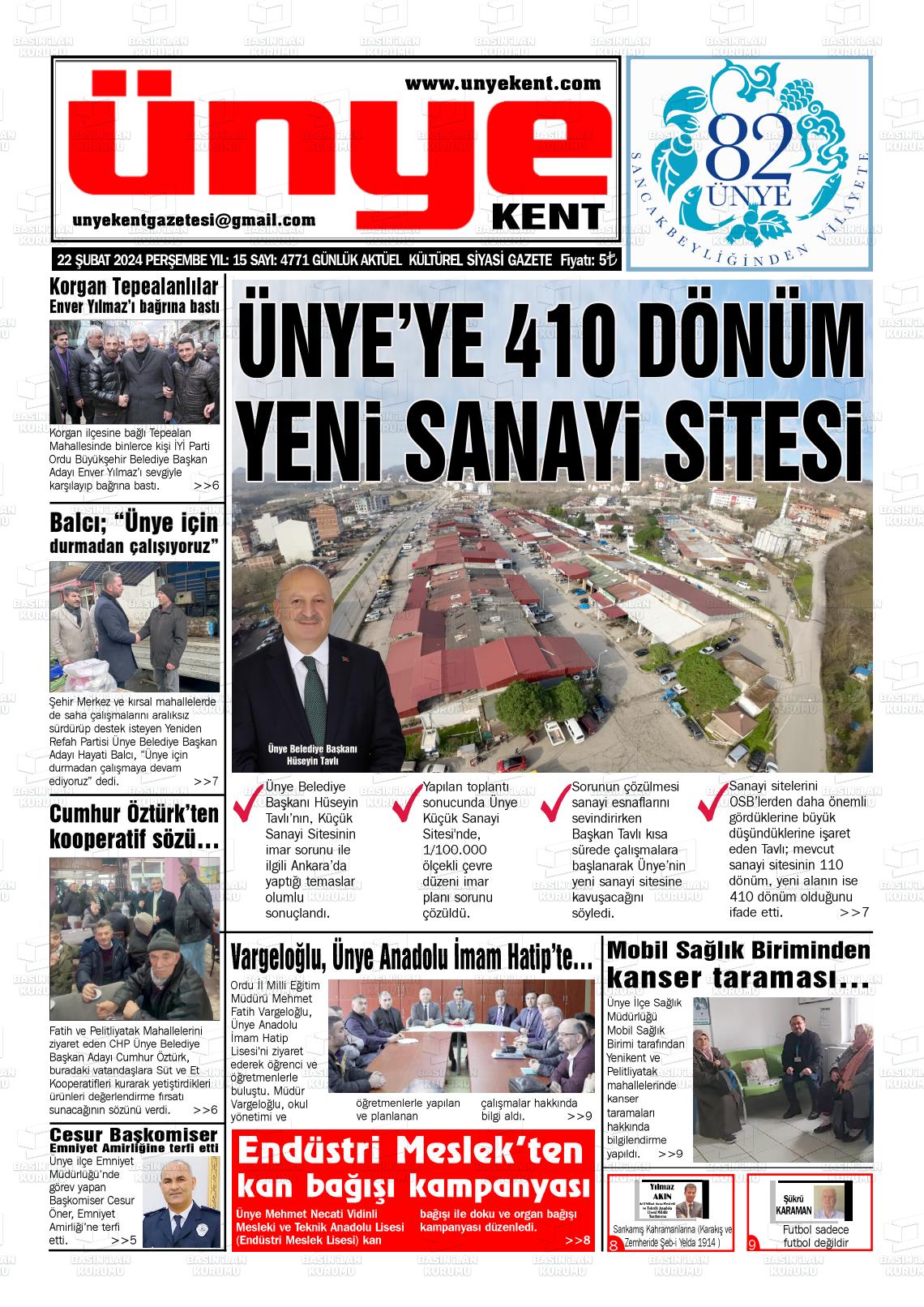 22 Şubat 2024 Ünye Kent Gazete Manşeti