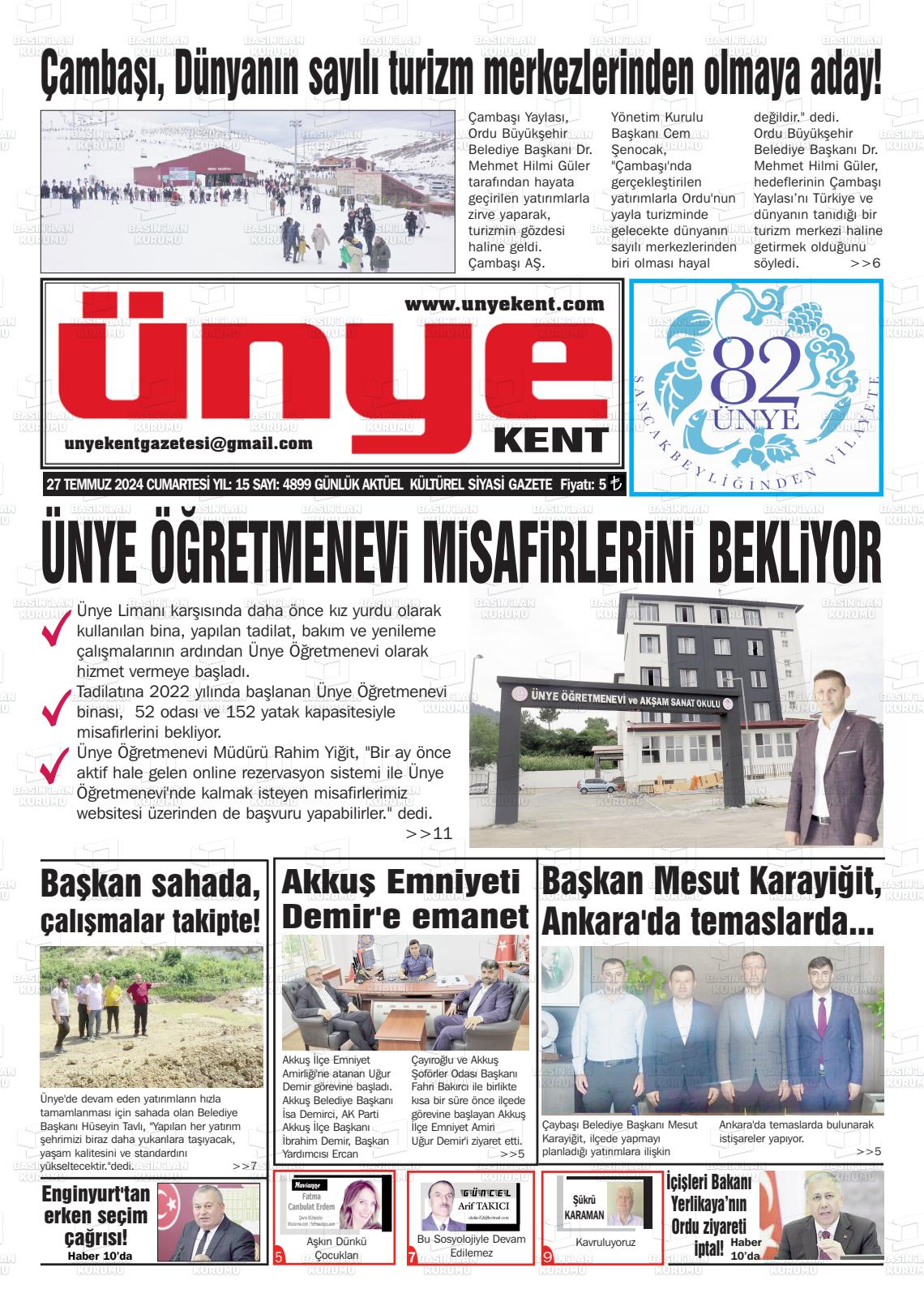 27 Temmuz 2024 Ünye Kent Gazete Manşeti