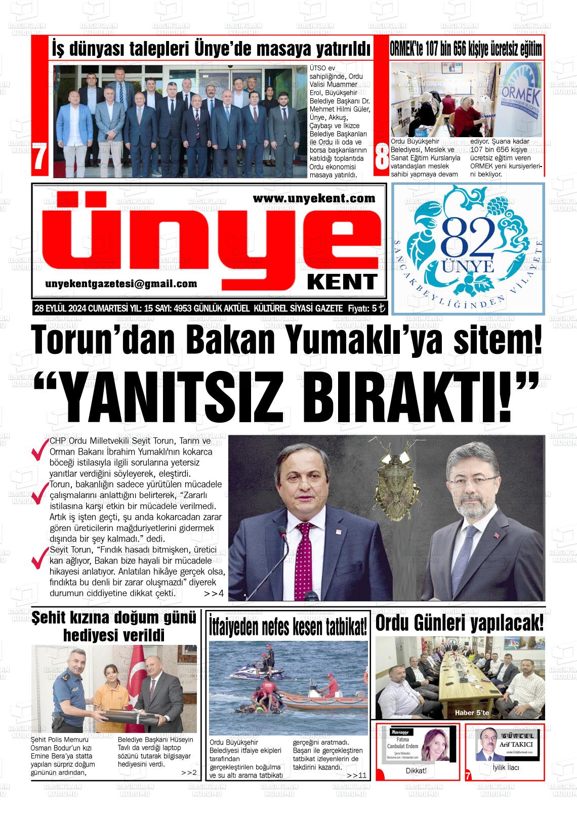 28 Eylül 2024 Ünye Kent Gazete Manşeti