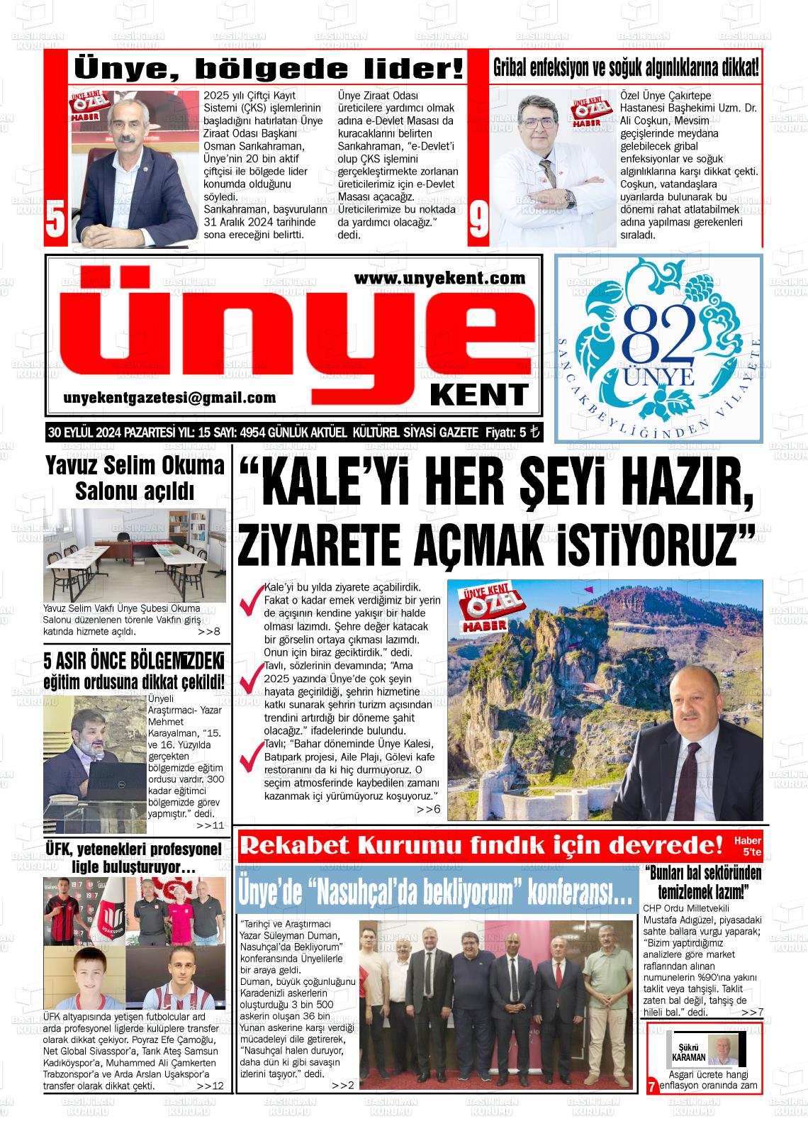 30 Eylül 2024 Ünye Kent Gazete Manşeti