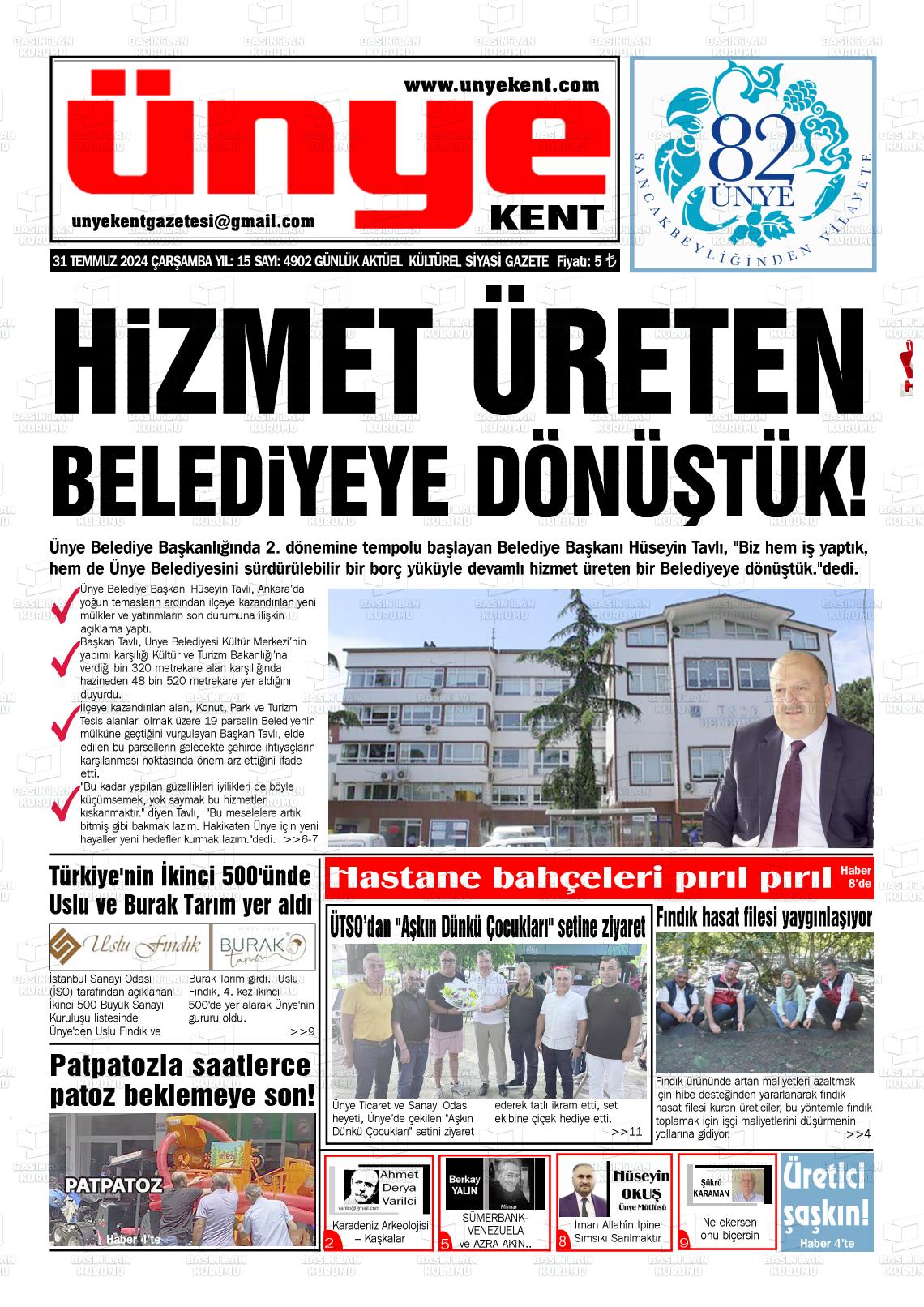 31 Temmuz 2024 Ünye Kent Gazete Manşeti