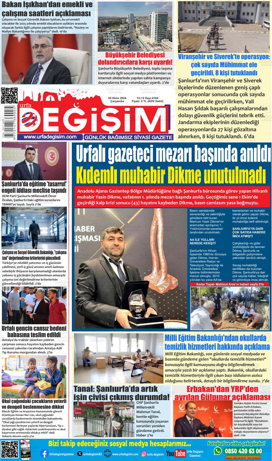 02 Ekim 2024 Urfa Değişim Gazete Manşeti