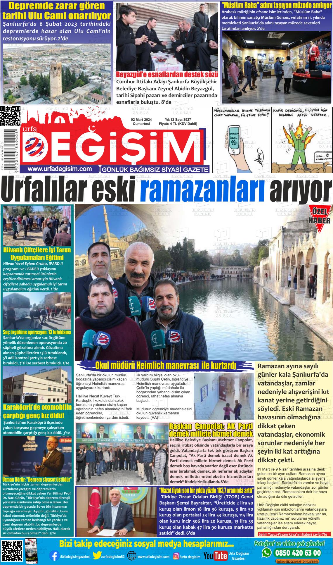 02 Mart 2024 Urfa Değişim Gazete Manşeti