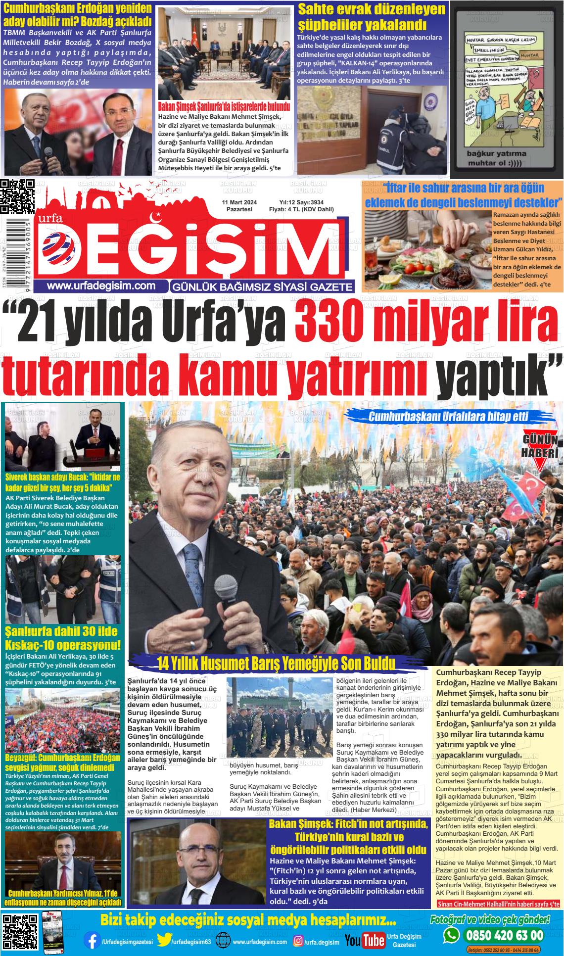 11 Mart 2024 Urfa Değişim Gazete Manşeti