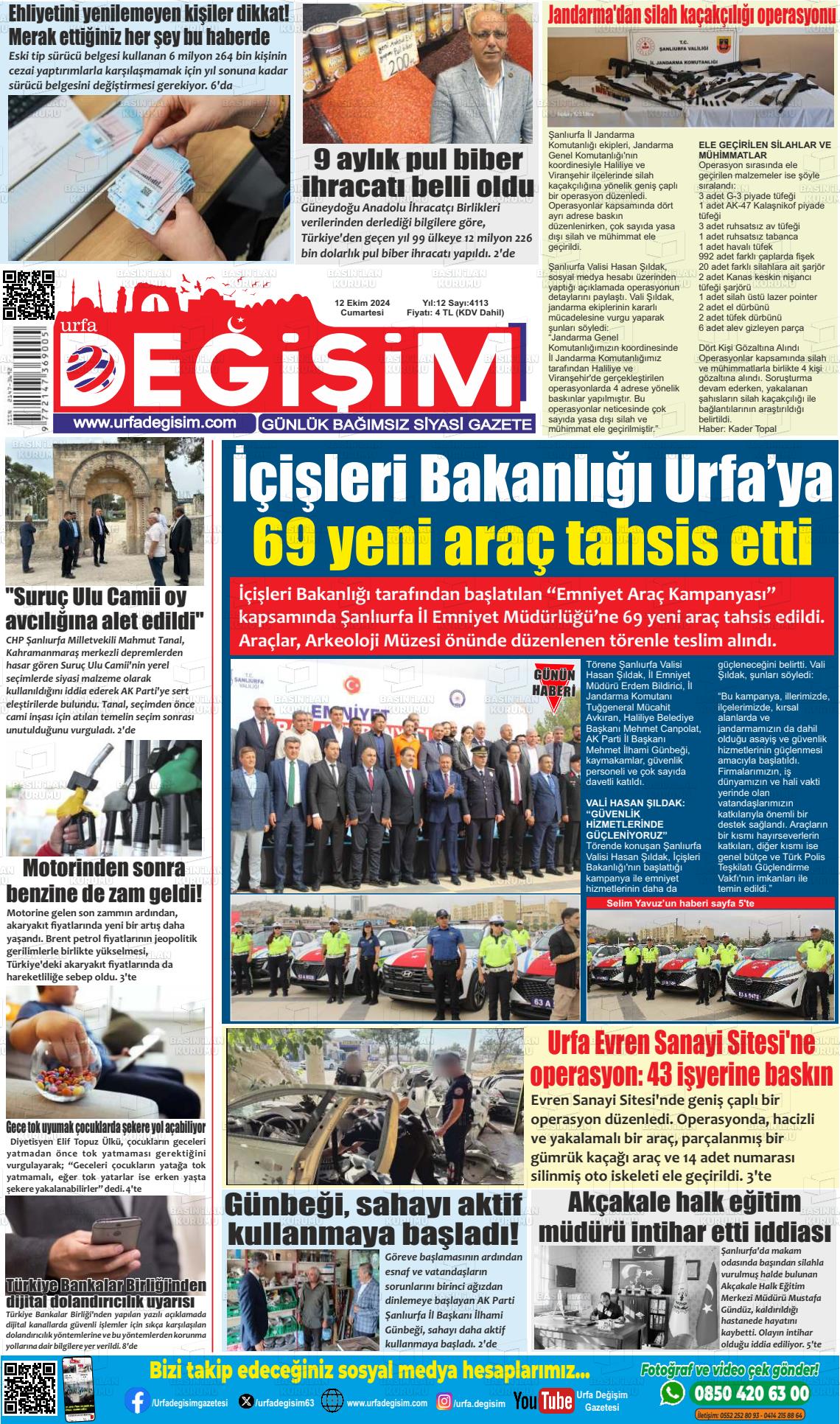 12 Ekim 2024 Urfa Değişim Gazete Manşeti