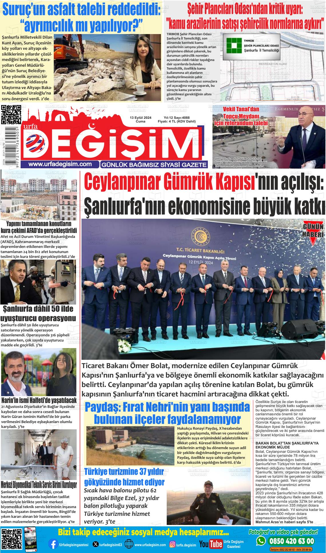 13 Eylül 2024 Urfa Değişim Gazete Manşeti