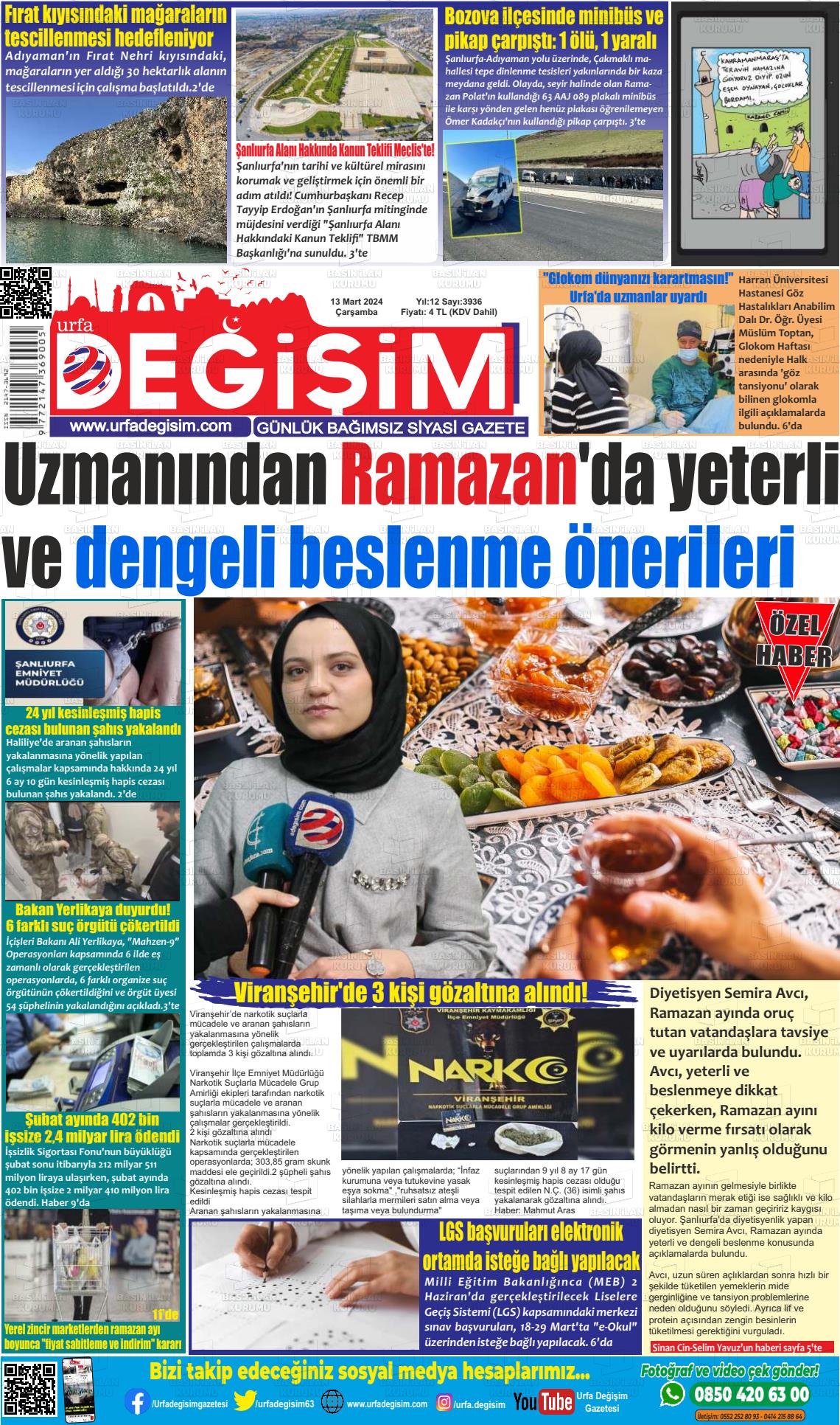 13 Mart 2024 Urfa Değişim Gazete Manşeti