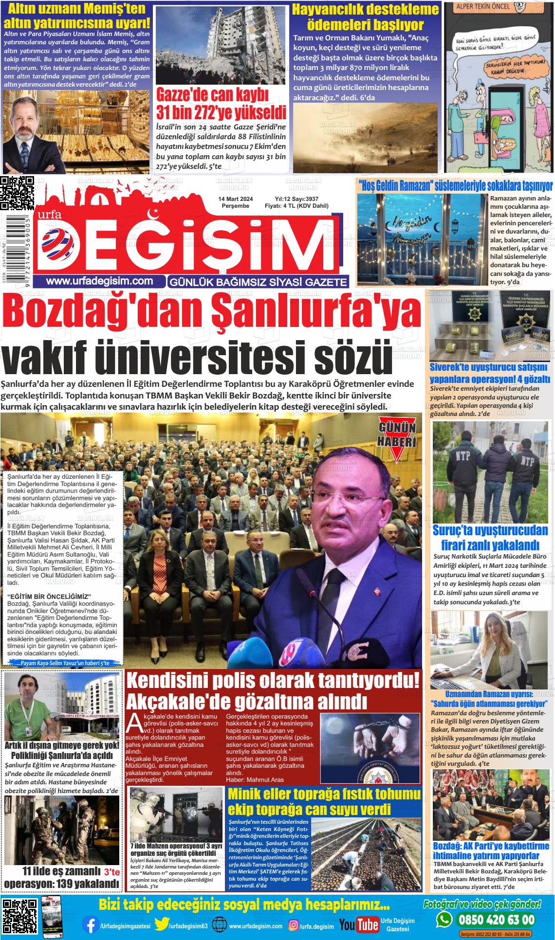 14 Mart 2024 Urfa Değişim Gazete Manşeti