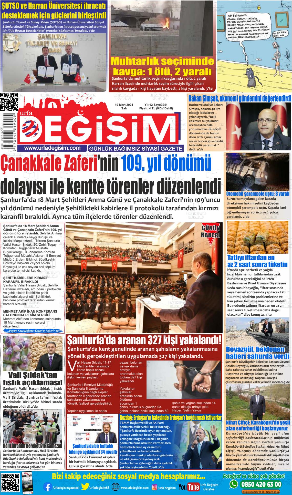 19 Mart 2024 Urfa Değişim Gazete Manşeti