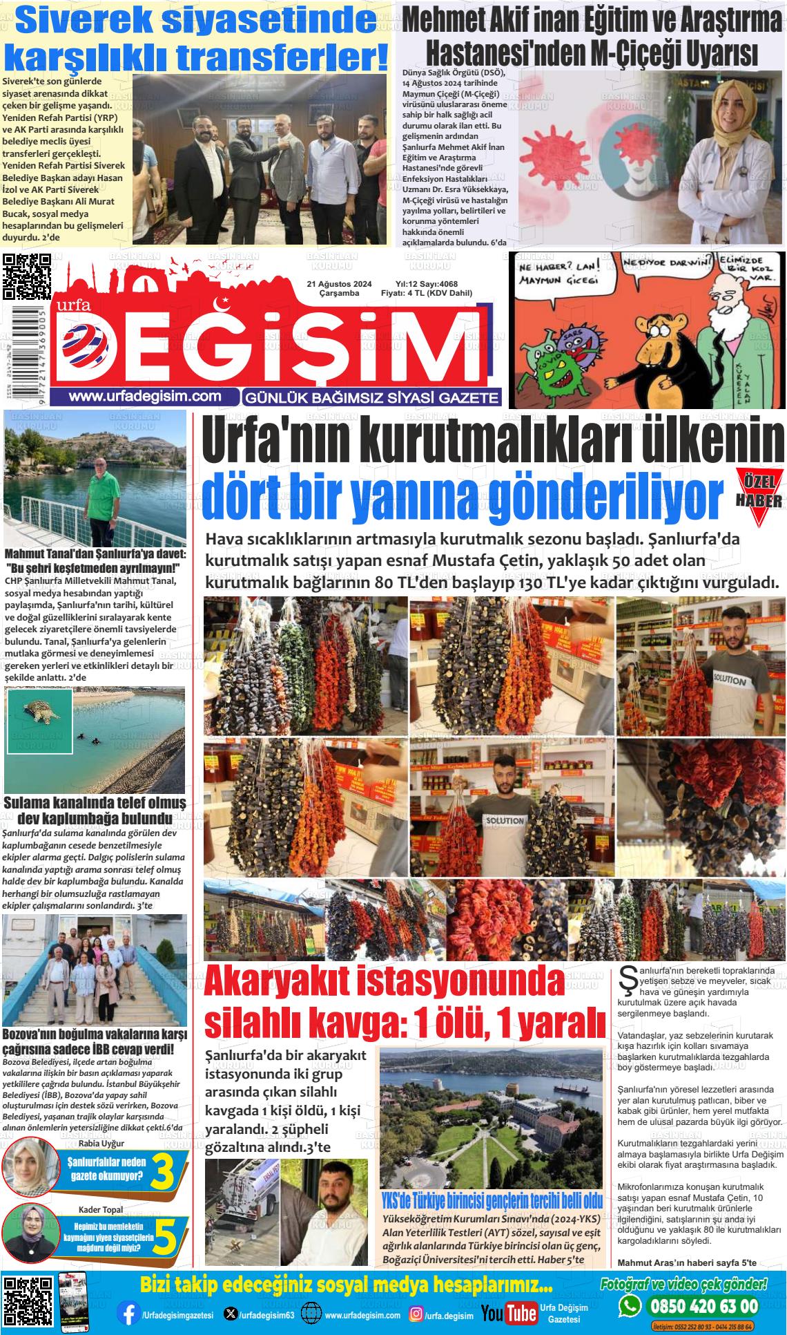 21 Ağustos 2024 Urfa Değişim Gazete Manşeti