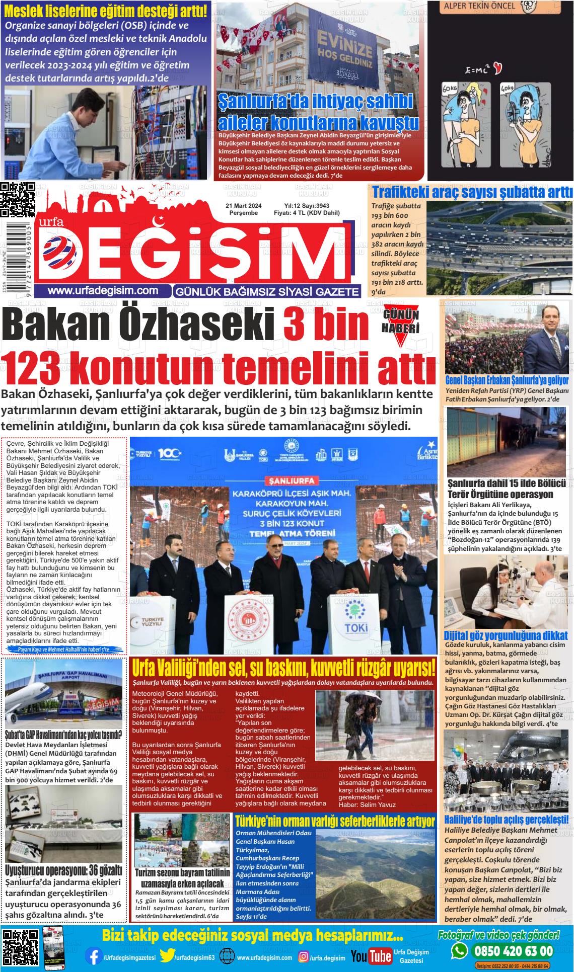 21 Mart 2024 Urfa Değişim Gazete Manşeti