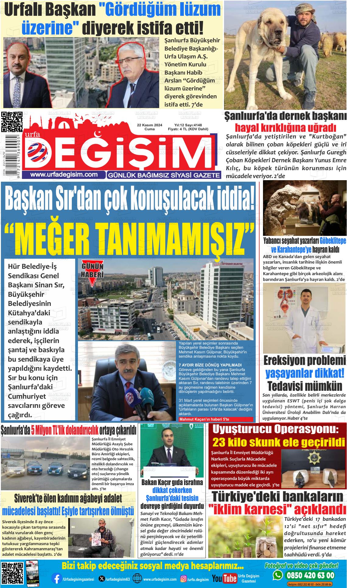 22 Kasım 2024 Urfa Değişim Gazete Manşeti