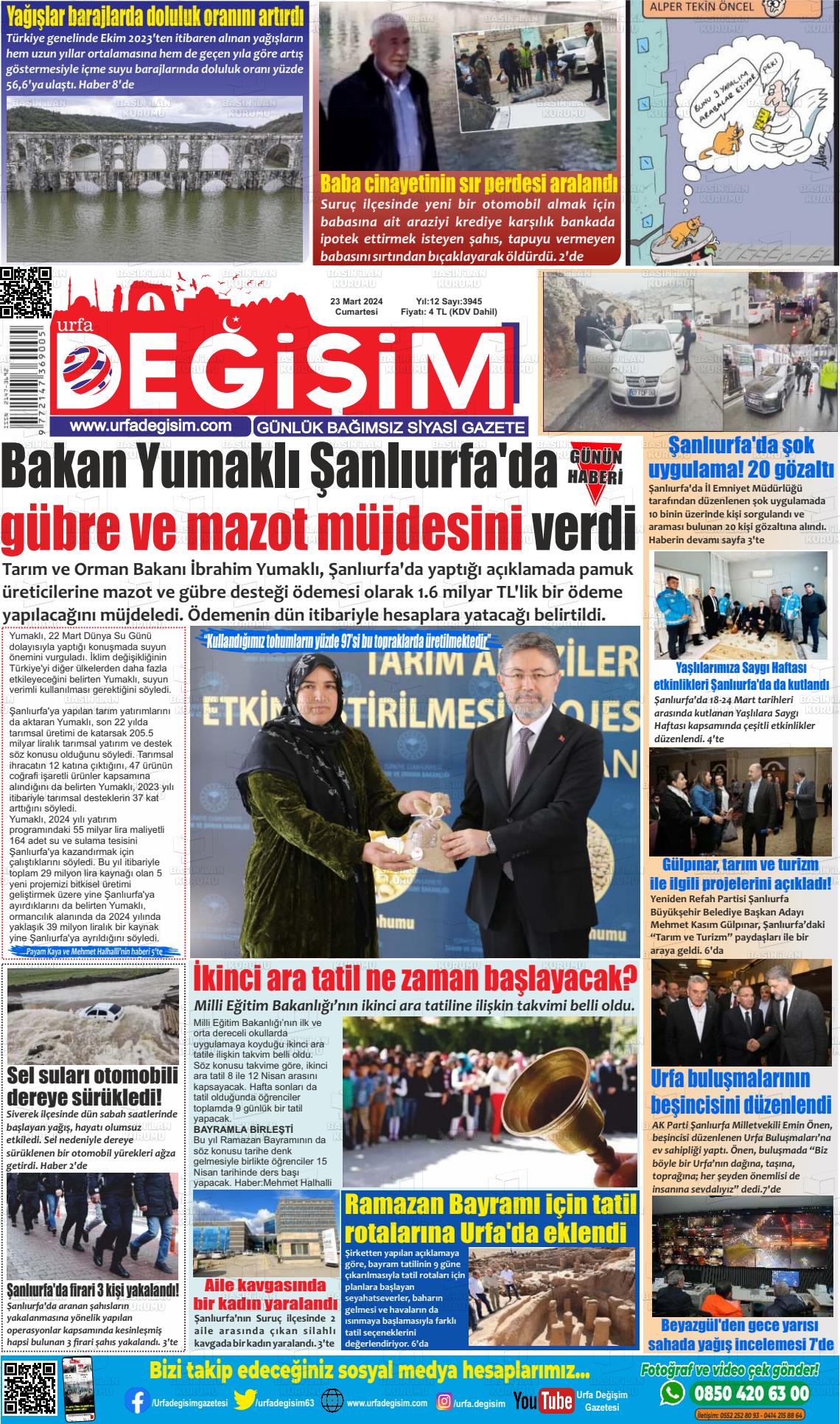 23 Mart 2024 Urfa Değişim Gazete Manşeti