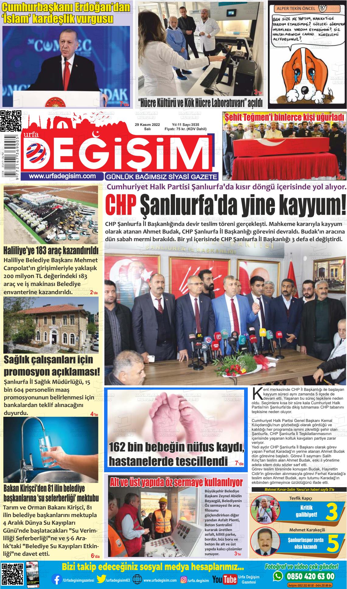 29 Kasım 2022 Urfa Değişim Gazete Manşeti